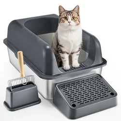 VEVOR Katzentoilette, 152,4 mm tief, XL extragroßes Katzenklo aus Edelstahl mit Schaufel, breitem Filter-Fußteil und hohen Rand, geruchsfreie Schalentoilette für Katzen, 60 x 40 x 30 cm, Dunkelgrau