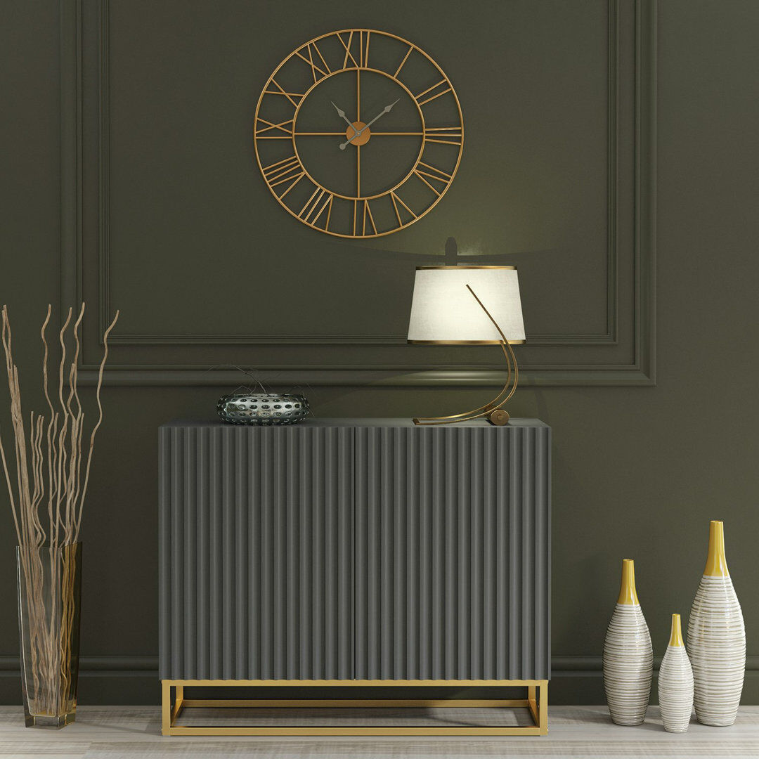 Fairmont Park Modern Sideboard with Fluted Fronts & Gold Legs – 100cm Storage Cabinet Grey 80cm H X 100cm W X 35cm D