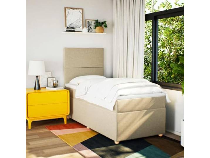 KTHLBRH Boxspringbett mit Matratze Creme 90 x 190 cm aus Stoff Verstellbares Kopfteil, Lattenrost inklusive, waschbarer Matratzenbezug, unabhängige Unterstützung
