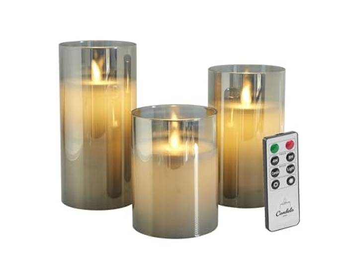LC Home Candela Lights LED Kerzen Set Echtwachs inkl. Glas mit Fernbedienung Timer Funktion & mehrstufig dimmbar bewegliche Flamme Echtwachskerzen (Grau)