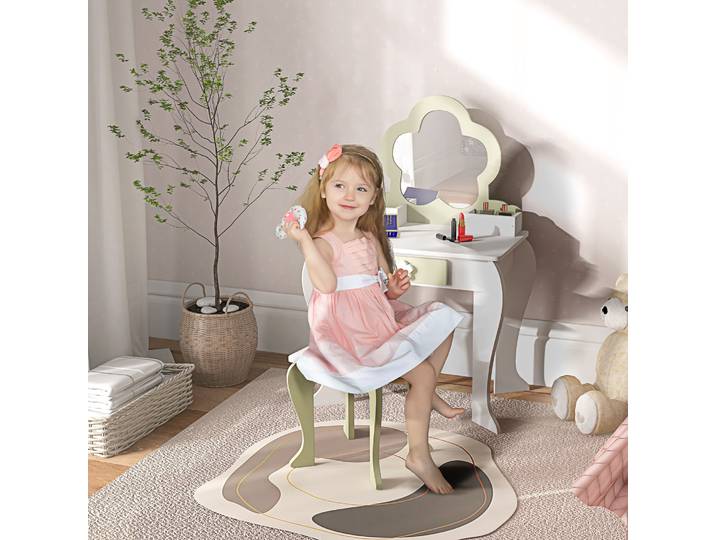 ZONEKIZ Coiffeuse Enfant Bois Blanc avec Miroir, Tabouret, Tiroir