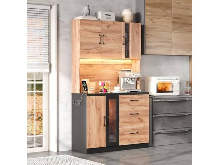 BTM 180cm Hochschrank mit LED Küchen Buffetschrank Küchenschrank Vitrinenschrank Küchen Sideboard, Schwarz und Holzoptik