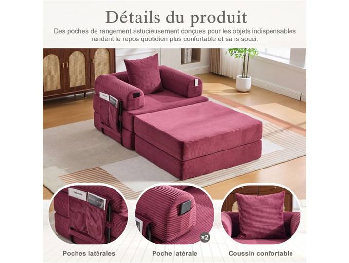 MEUBLIV Fauteuil modulable compressé en corduroy rouge avec coussin poche latérale et pouf
