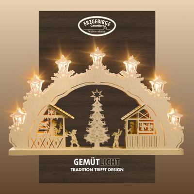 LED Schwibbogen WEIGLA "Weihnachtsmarkt, Lichterbogen aus Holz, NATUR, Made in Germany", beige (natur), B:52cm H:32cm T:4,5cm, Holzwerkstoff, Schwibbögen, Erzgebirge garantiert, Weihnachtsdeko Innen, Weihnachtsbeleuchtung