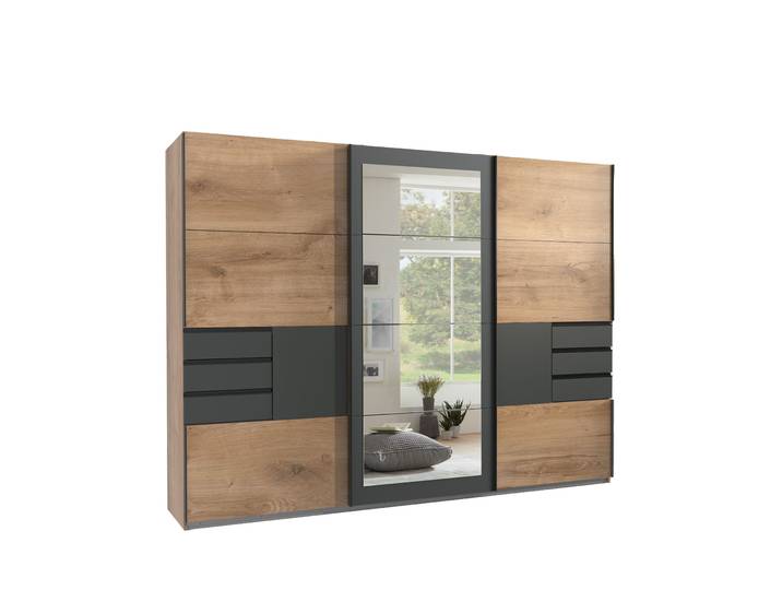 Schwebetürenschrank Kleiderschrank 270 cm Spiegel Schubladen Grafit Eiche Dekor / 22503