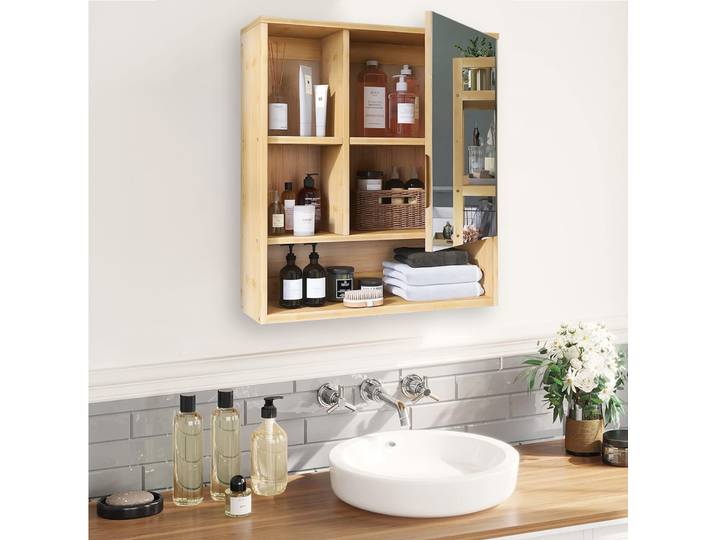Armoire à Médicaments Murale en Bambou Naturel, Miroir d'Hovanité, 5 Étagères de Rangement Ouvertes