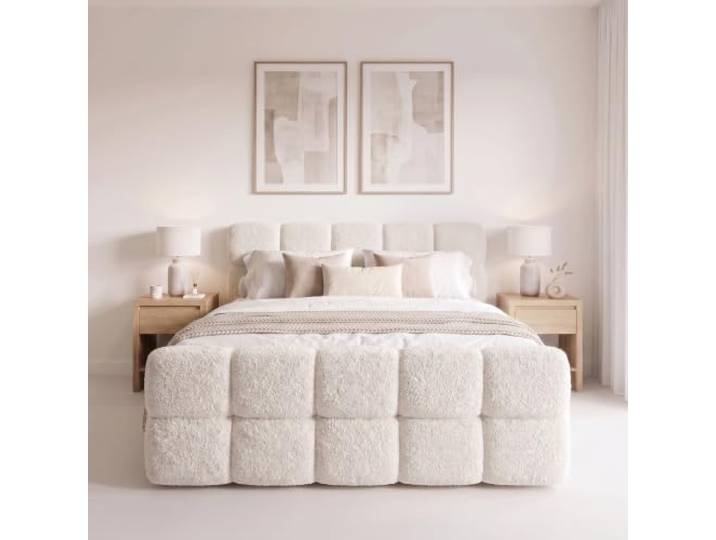 Elvora DESIGN. Boxspringbett SOVA I 140x200 cm, 2 Bettkästen, Creme Bonell-Federkernmatratze, Schaumstoff-Topper 6 cm, zwei Bettkästen mit Gasdruckfedern, Bouclé-Bezug, Sitzhöhe 57 cm
