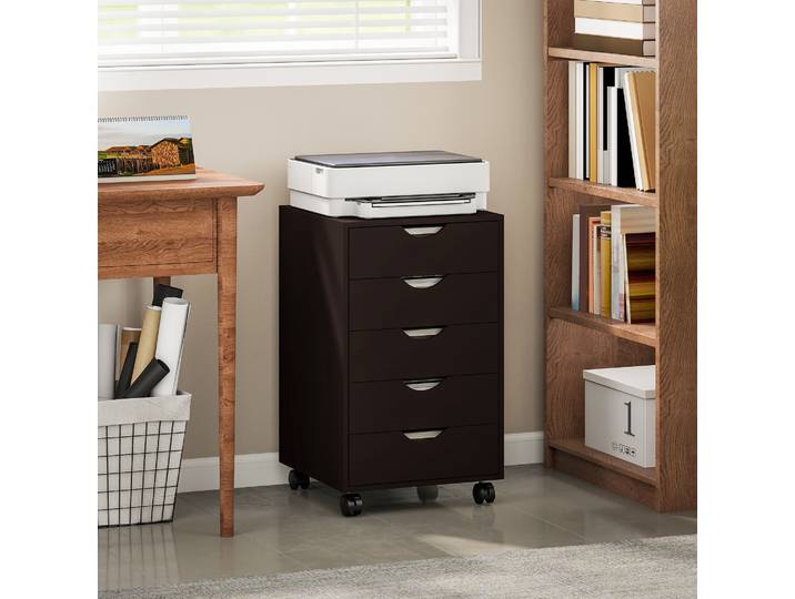 HOMCOM Meuble Bureau 5 Tiroirs Rangement Mobile 40x40x67cm Marron