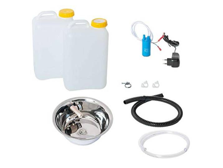 Wasseranlage Imbisswagen Verkaufsanhänger Campingküche 230v Bausatz Spüle integriert mit Wasserhahn 28 cm (280mm) + Wasserhahn Barwig Chrom Wasserkanister 19Liter (ad-ideen)