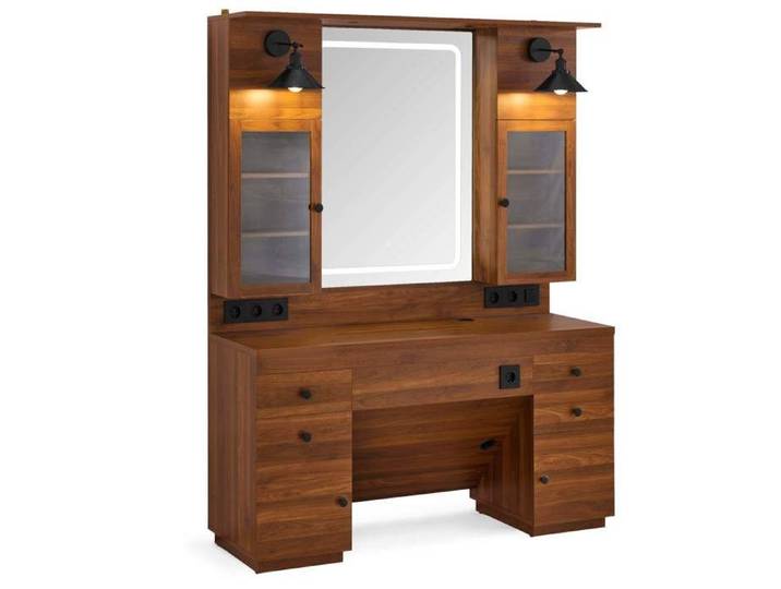 BarberPub Poste de coiffure avec 4 tiroirs coiffeuse avec miroir poste de service avec 4 étagères et 2 armoires J314