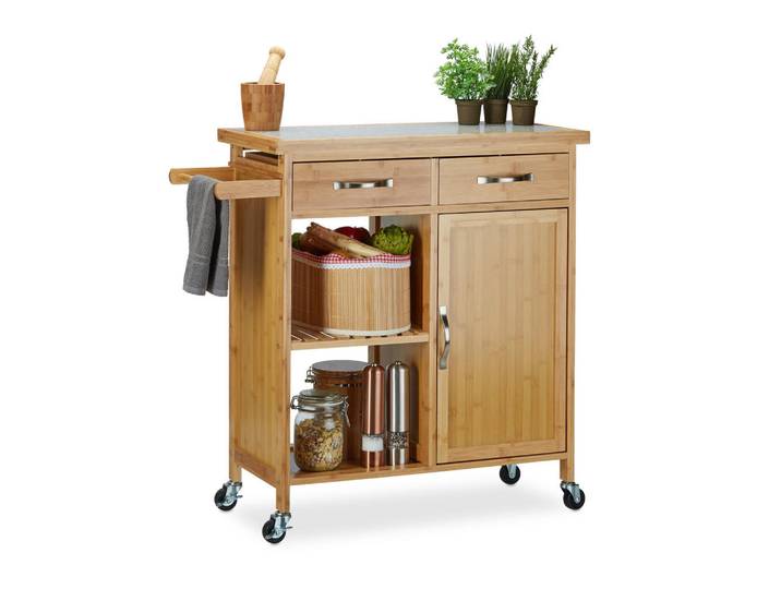Relaxdays Küchenwagen Natur Bambus Marmorplatte 2 Schubladen, Mehrfarbig, Holz, Stein, 89.5x85.5x36 cm, Esszimmer, Servierwagen