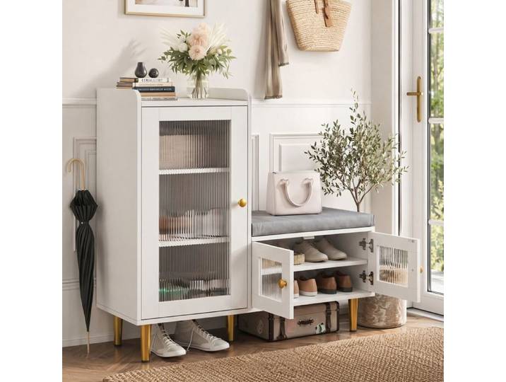 Banc à chaussures Moderne-SORVAGLOS-Meuble à Chaussures -Armoire à chaussures-3 portes-Meuble d'entrée -MDF-100x35x94 cm-Blanc