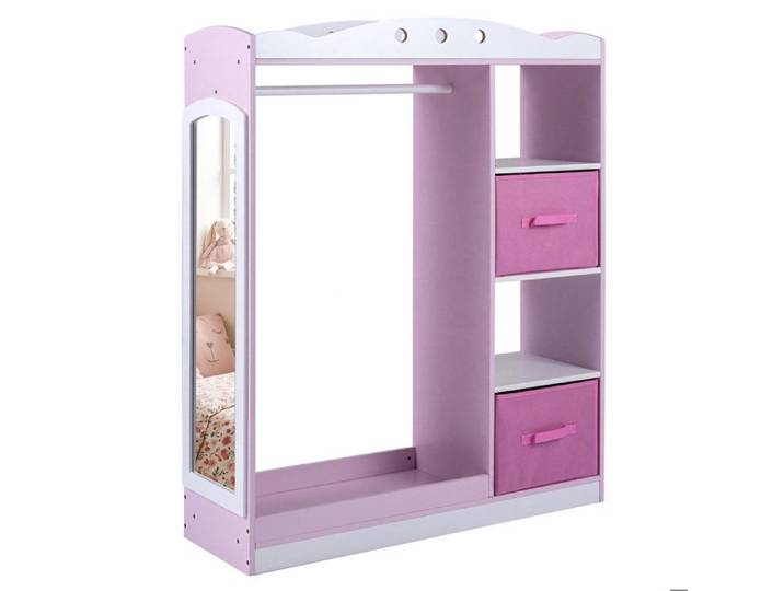 Accès facile penderie enfant avec miroir plein pied étagères ouvertes tringle et 2 tiroirs pliables roses