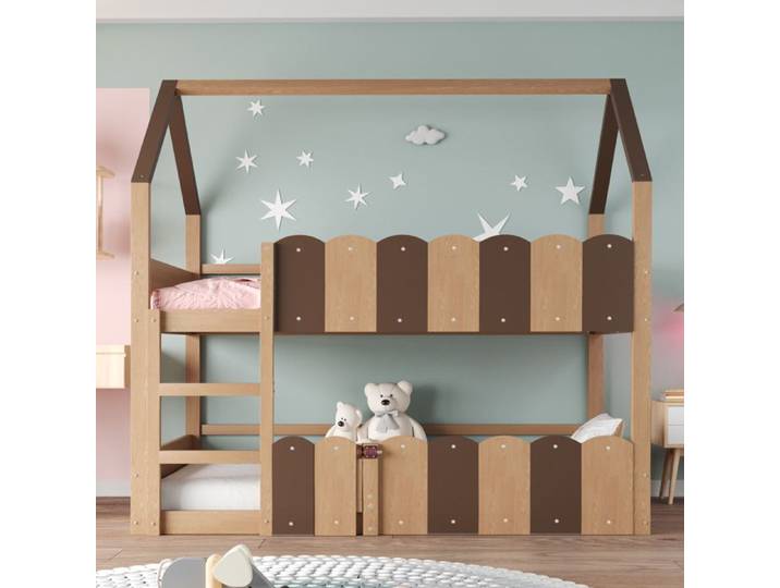 Enfants-lit superposé 90*200 cm Design en forme de maison avec des garde-fous élevés Couchage 90 x 200 cm En bois