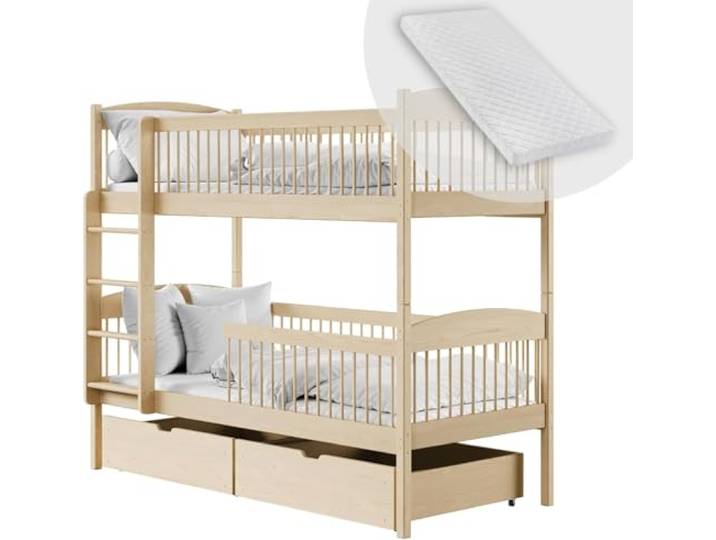Kids Collective Hochbett Kinder, Etagenbett, Kinderbett Inkl. 2 Matratzen, 2 Schubladen, sicher & funktional Größen: 80x180, 90x190, 90x200 cm 90x190 cm von von 4. bis 18. Lebensjahr Natur