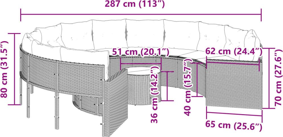 vidaXL Gartensofa mit Tisch und Kissen Rund Schwarz Poly-Rattan