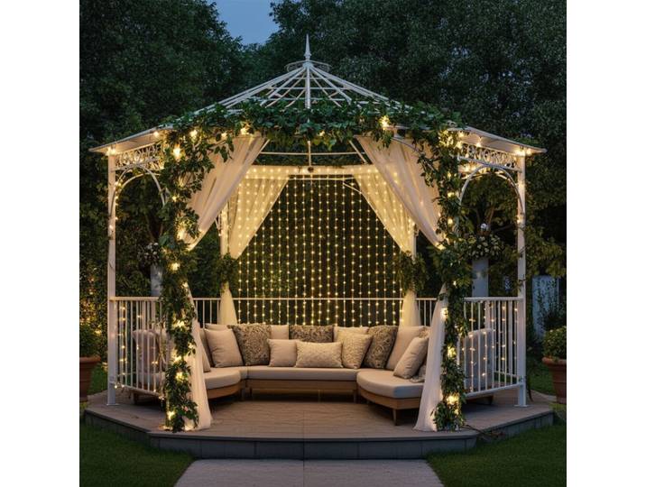 Outdoor-Lichtervorhang, 300 LEDs, Fernbedienung, 3 x 3 m, warmweiss, IP44