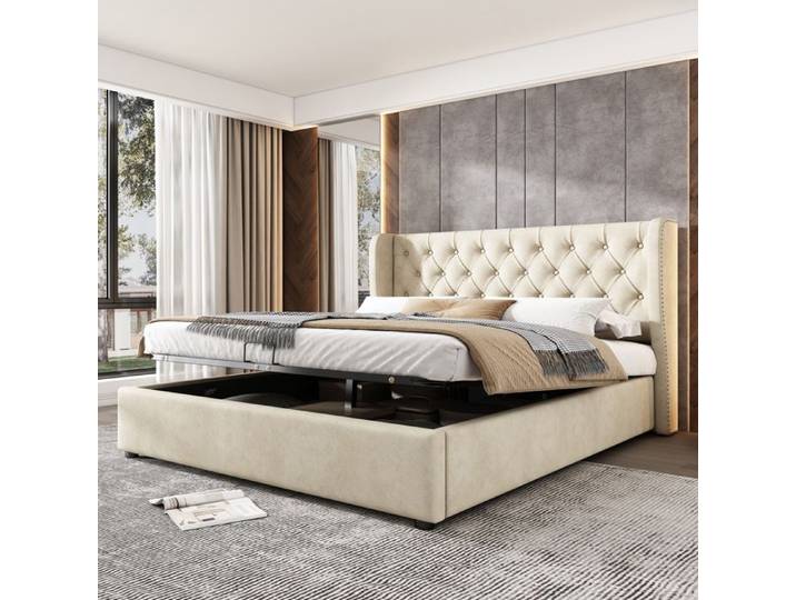 Lit coffre rembourré FloraGrace 160x200 cm velours beige capitonné Chesterfield tête haute 99 cm rangement hydraulique
