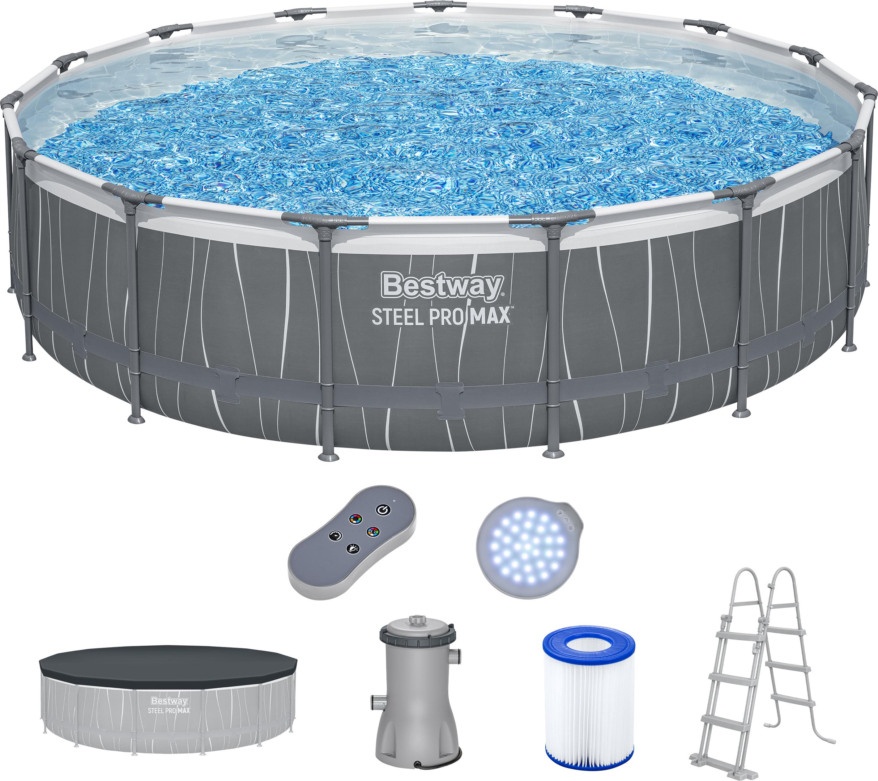 Bestway Steel Pro MAX Frame Pool Komplett-Set mit Filterpumpe Ø 457 x 107 cm, LED-Design, rund