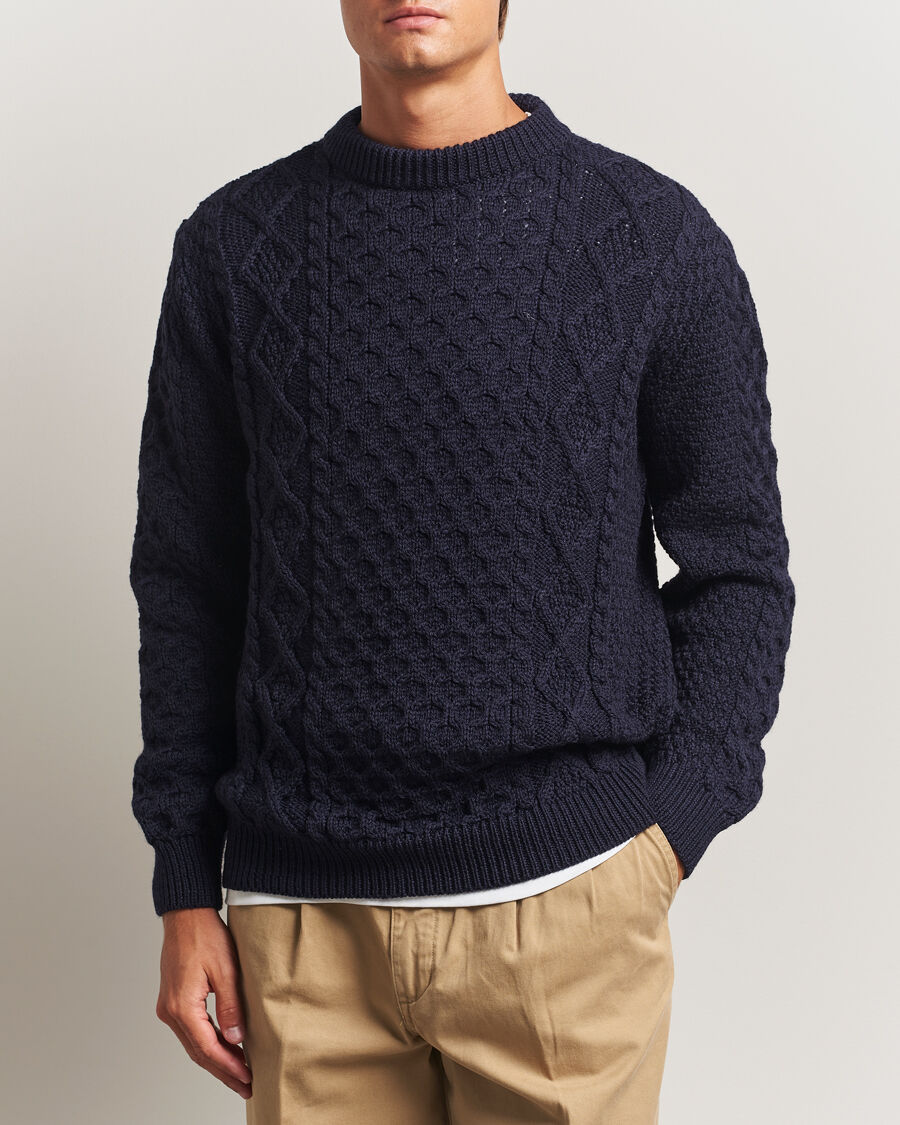 Gloverall Aran Wool Knitted Sweater Navy men L Blå