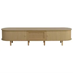 LOWBOARD Holzoptik Rattan Oval mit Schiebetür & Schublade für 75 Zoll TV