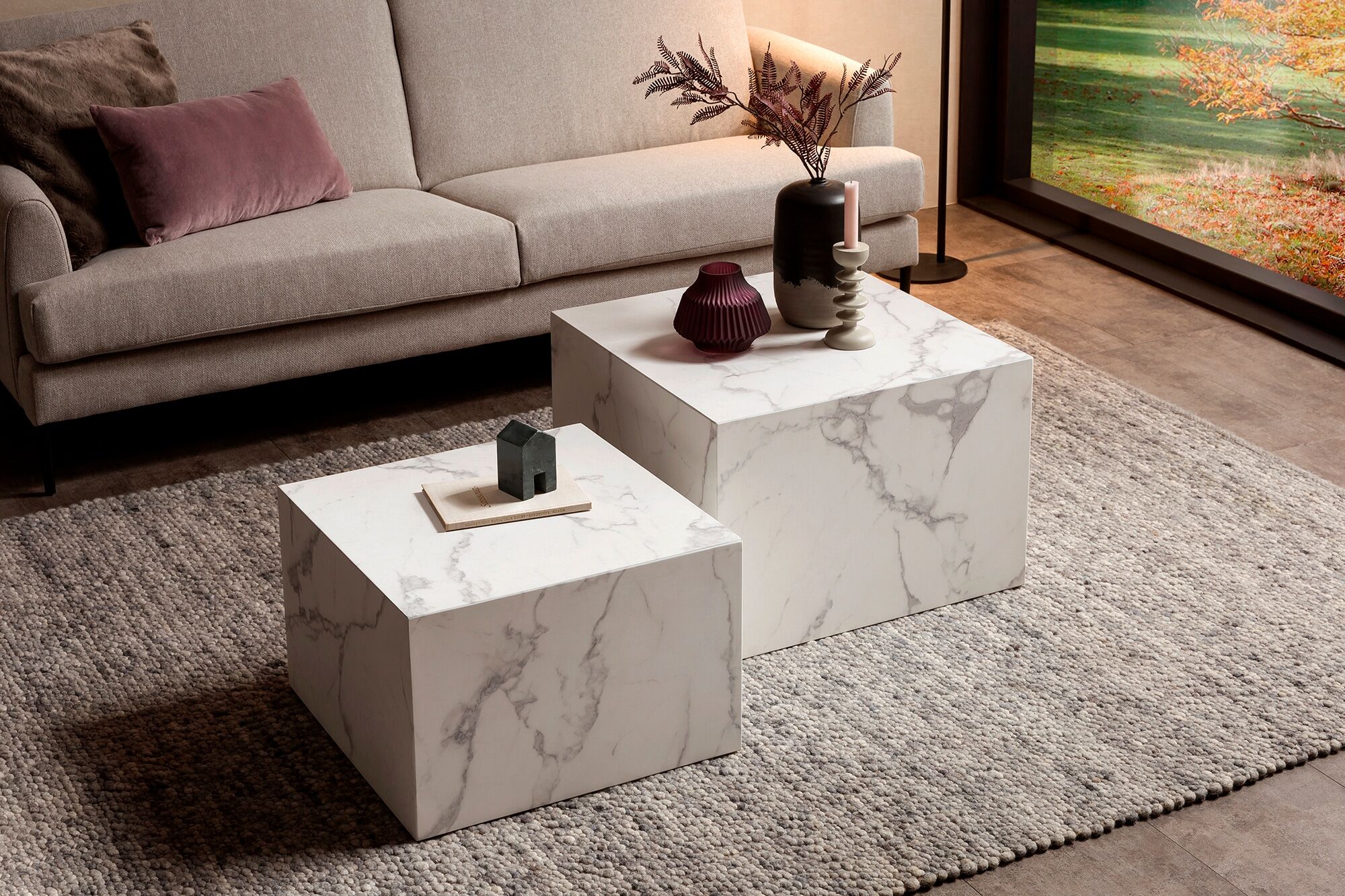 Couchtisch SALESFEVER "Almeria - Stilvoller Wohnzimmer- und Beistelltisch", weiss (weiß marmoroptik), B:58cm H:40cm T:58cm, Tische, Couchtisch, Quadratisches 2er-Set in edler Marmoroptik weiß marmoroptik B/H/T: 58cm x 40cm x 58cm, Weiss, in Marmoroptik