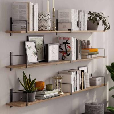 "Wallniture Toledo 48"" - 60"" Floating Bookshelves for Wall, Book Shelves for Living Room, Wooden Shelves for Wall, Burnt, 3 Pcs"