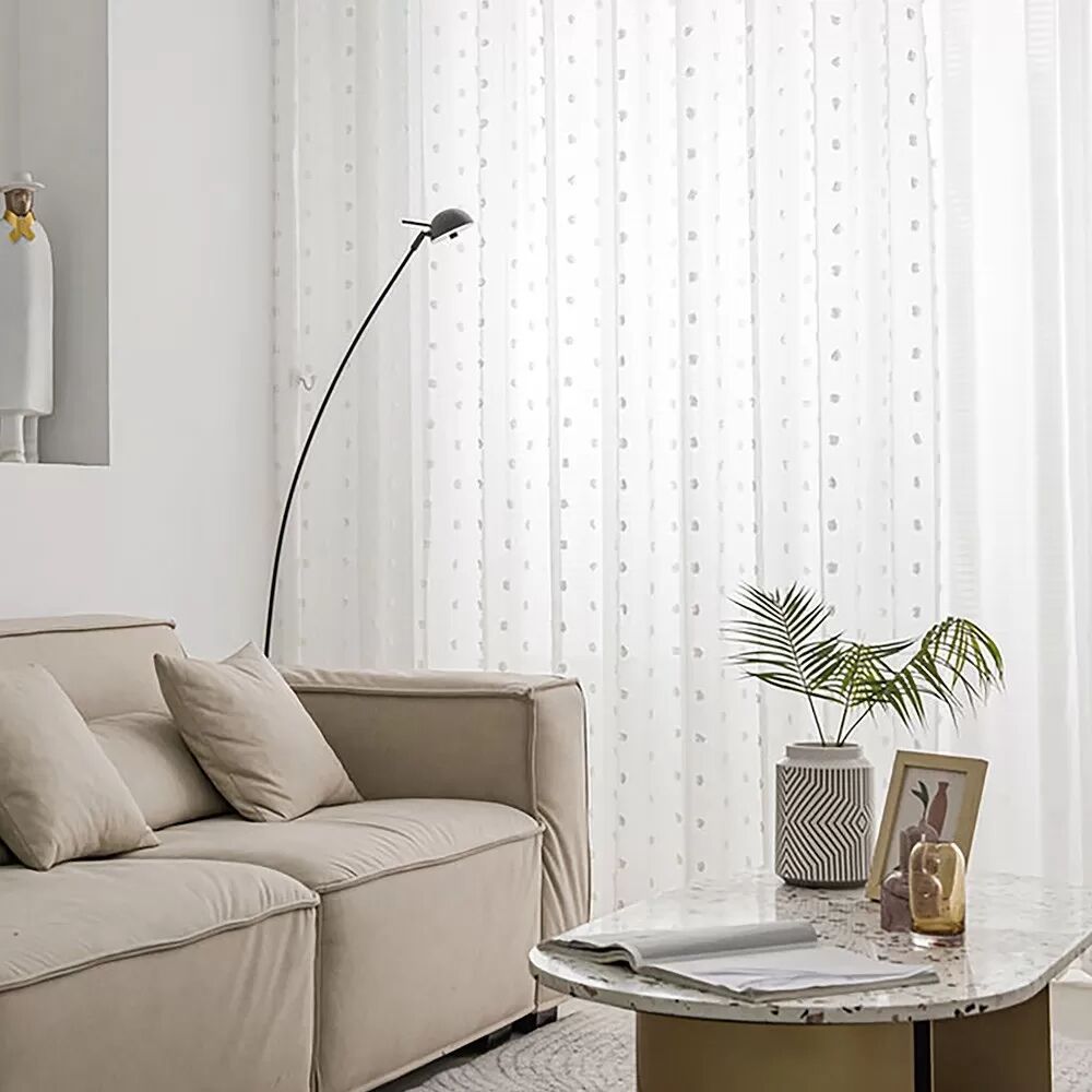 INF 2er-Set Punkt Pompon Gardinen – Ösen-Voile-Fensterpaneele XL Weiß