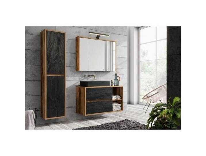 Ensemble meuble vasque + Armoire miroir + Grande armoire - 100 cm - New York Concrete