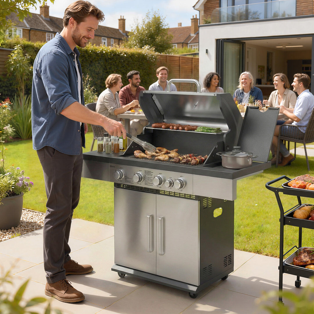 Outsunny 4+1 Burner Gas BBQ Grill, 48000BTU Portable Gas Barbecue Grill with Side Burner, Warming Rack, Side Shelf, Storage Cabinet, Thermometer, 4 Wh Silver 4