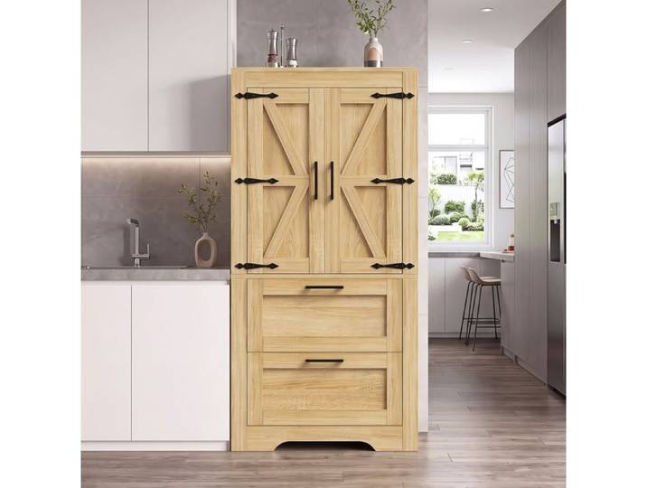 Buffet de cuisine style campagne avec 2 tiroirs et étagères réglables - LPOSPI - porte de grange MDF bois naturel