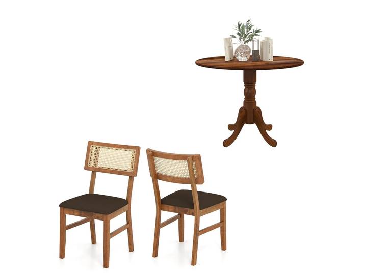 Set bestaande uit twee gestoffeerde eetkamerstoelen en een keukentafel van rubberhout