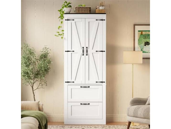 HOSAUNA Küchenschrank im Bauernhaus-Stil, freistehender Speisekammerschrank mit X-Decor-Türen, 2 Schubladen und verstellbaren Regalen, weißer Holzschrank für Küche, Eingang, Wohnzimmer, Badezimmer