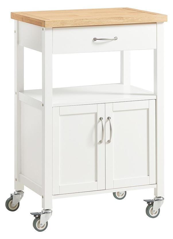 SoBuy Keukenwagen met massief houten blad, lade en kast, wit, FKW22-II-WN