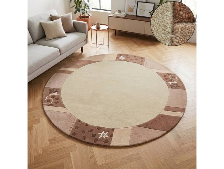 Wollteppich THEKO Royal Ganges Gr. 10, beige, H:13mm Ø:150cm, Viskose, Wolle, Teppiche, Wollteppich, 95% Wolle, mit Bordüre, auch in rund, Wohnzimmer, Schlafzimmer