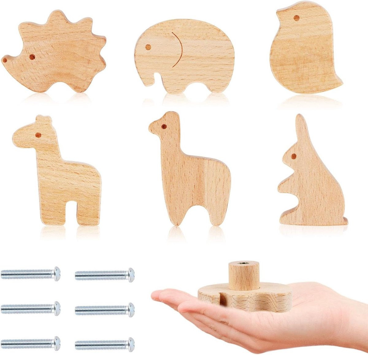 Set van 6 houten meubelknoppen voor de kinderkamer - Natuurlijke houten kastknoppen en ladeknoppen