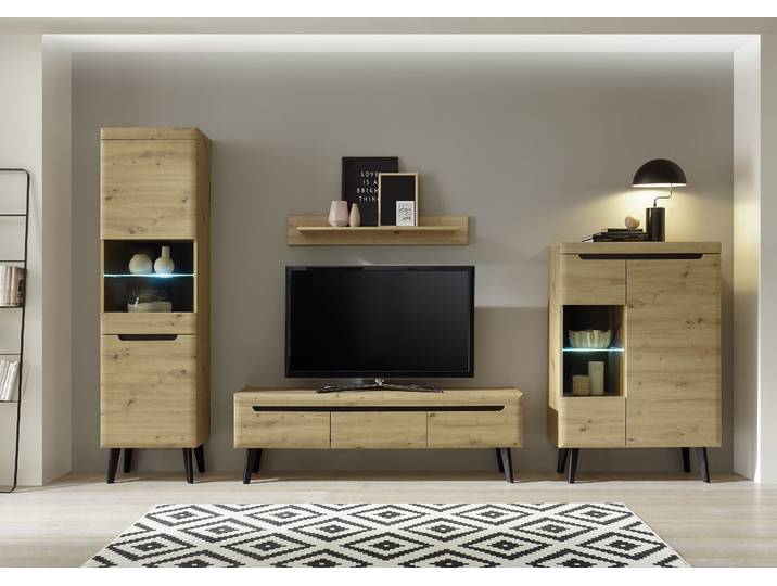 Wohnwand HOME AFFAIRE Torge, Anbauwand, Schrankwand, Mediawand, Wohnzimmer-Set , beige (eiche artisan dekor, eiche artisan dekor, applikationen schwarz), B:290cm, Kastenmöbel-Sets, Wohnwand, Lowboard: 160x 40x 50 cm