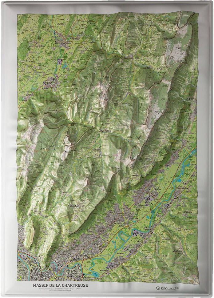 Deniveles  - Pack Carte 3D Massif De La Chartreuse + Cadre 50x70 cm Black - Carte 3D