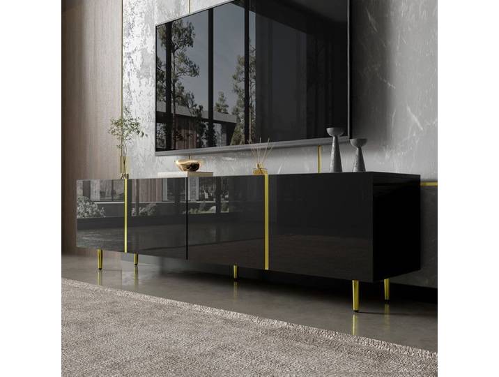 Meuble TV - JAERLIUB - Noir Brillant - 4 Portes - Design Minimaliste - Charnières Douces