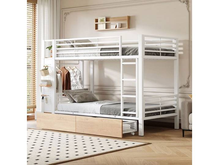 Lit superposé 90x200cm lit enfant 4 tiroirs étagères multiples avec bande lumineuse LED tringle à vêtements sans matelas blanc