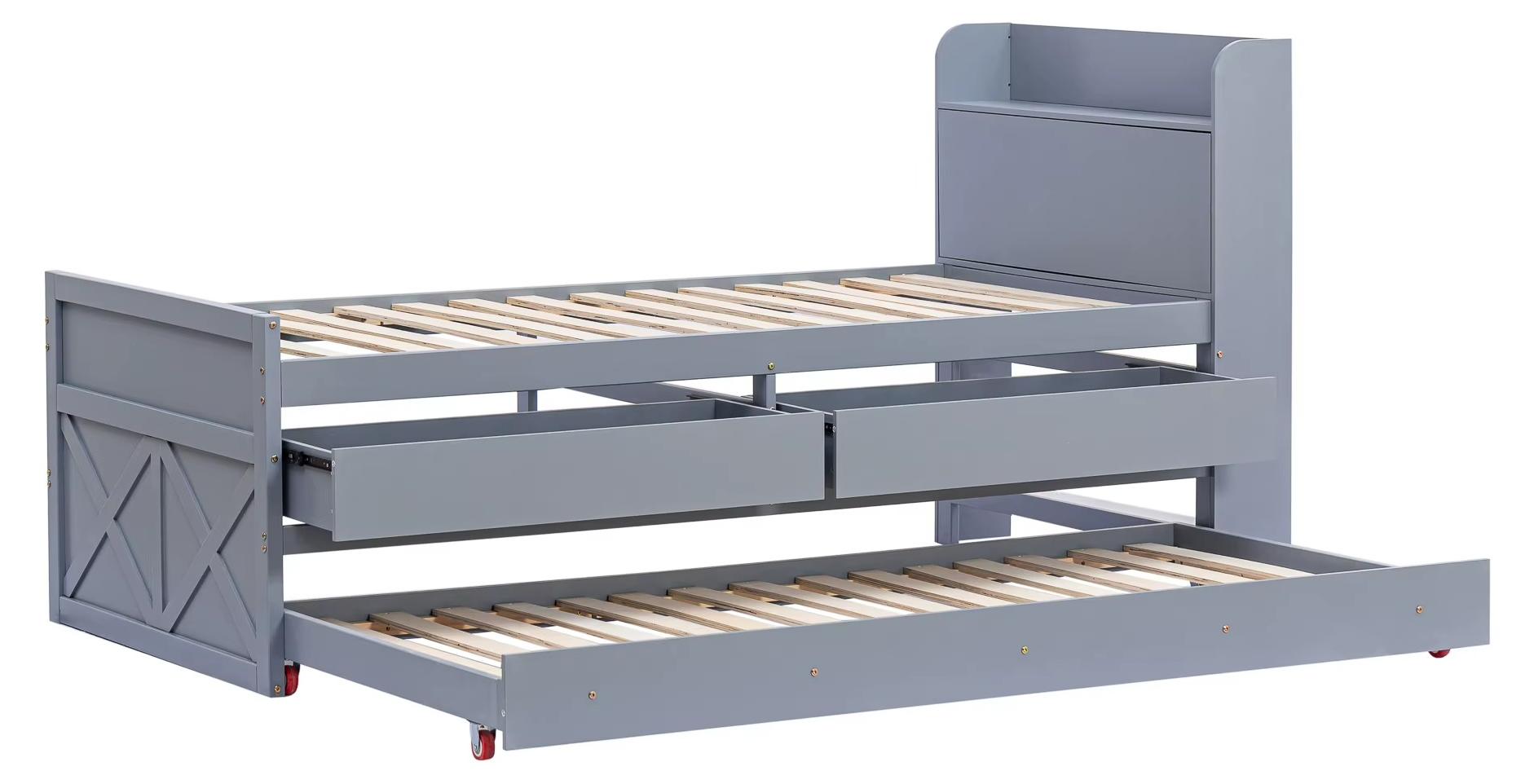 Multifunktionsbett - Holzbett 90 x 190 cm - Ausziehbare Schublade - Lattenrost - Regale - USB-Anschluss - Dunkelgrau