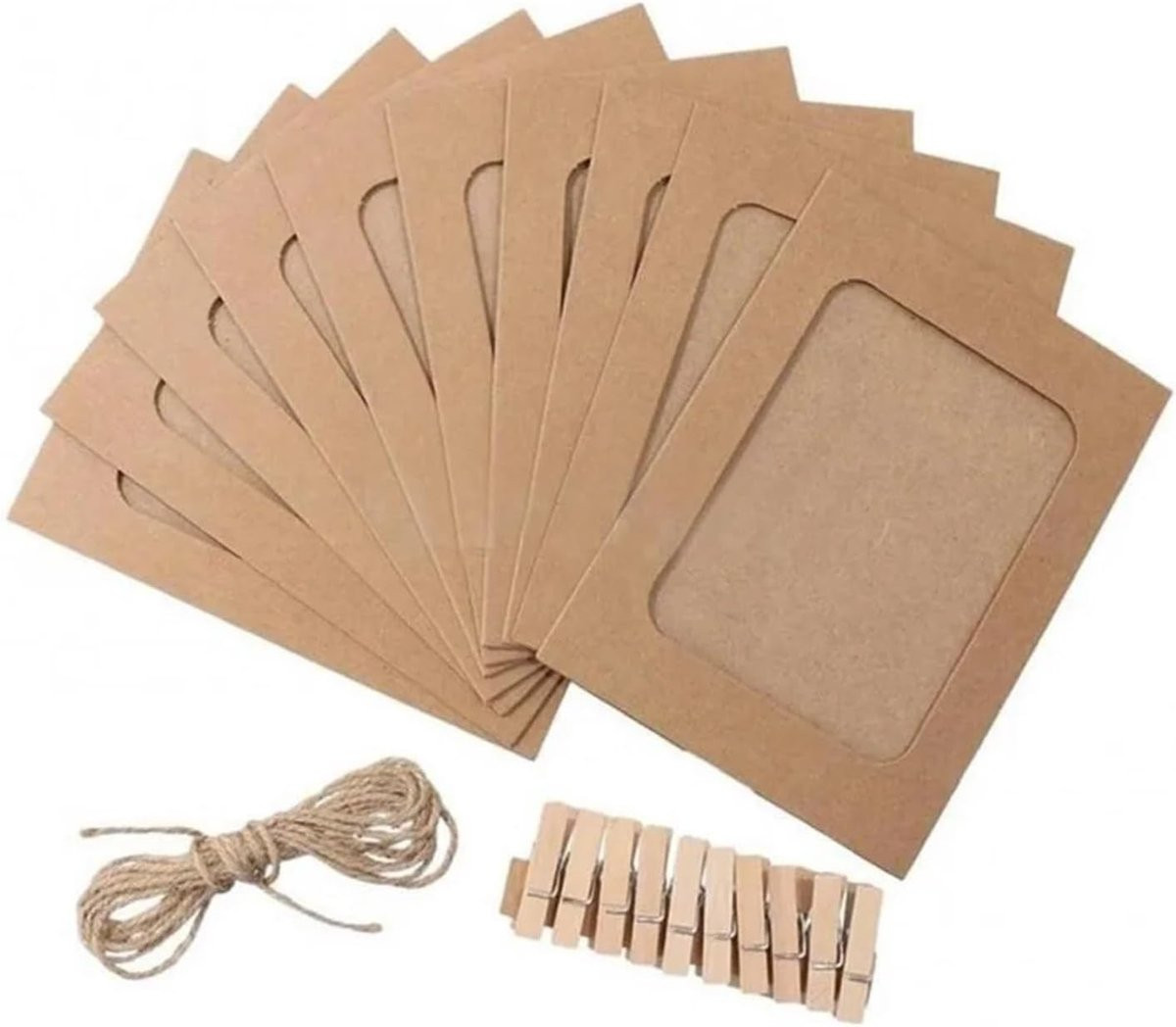 Set van 10 bruine papieren fotolijsten met touw en klemmen voor decoratie