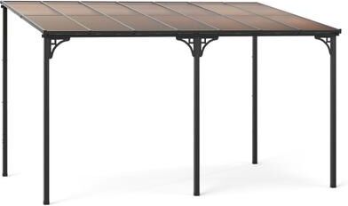 Costway Wall-Mounted Patio Gazebo Large Outdoor Hardtop Pergola with Sloped Polycarbonate Roof-Black