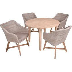 Garden Pleasure Gartenmöbel Set ARVADA / OAKLAND, Tisch Ø 110 + 4 Sessel, Akazie / Polyrattan Zimtbraun / Kissen 100 % Polyester Taupe