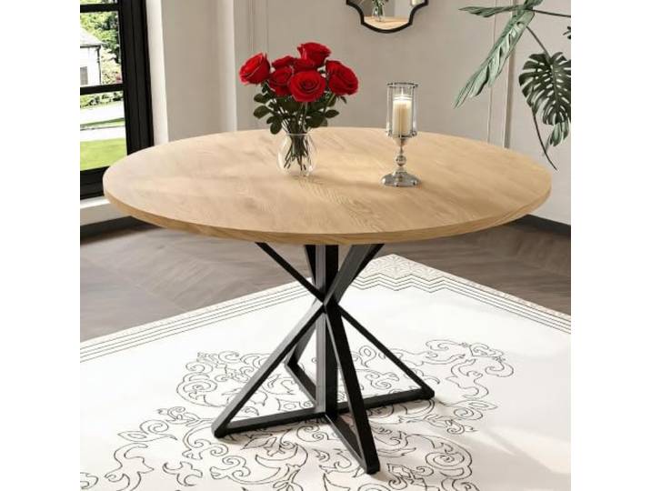IDEALHOUSE Runder Esstisch Farmhouse‑Stil Mit Kreuz‑Metallfuß Stabile Kreuz‑Metall‑Pedestalkonstruktion, platzsparend, passend für Küche, Esszimmer und kompakte Wohnbereiche.