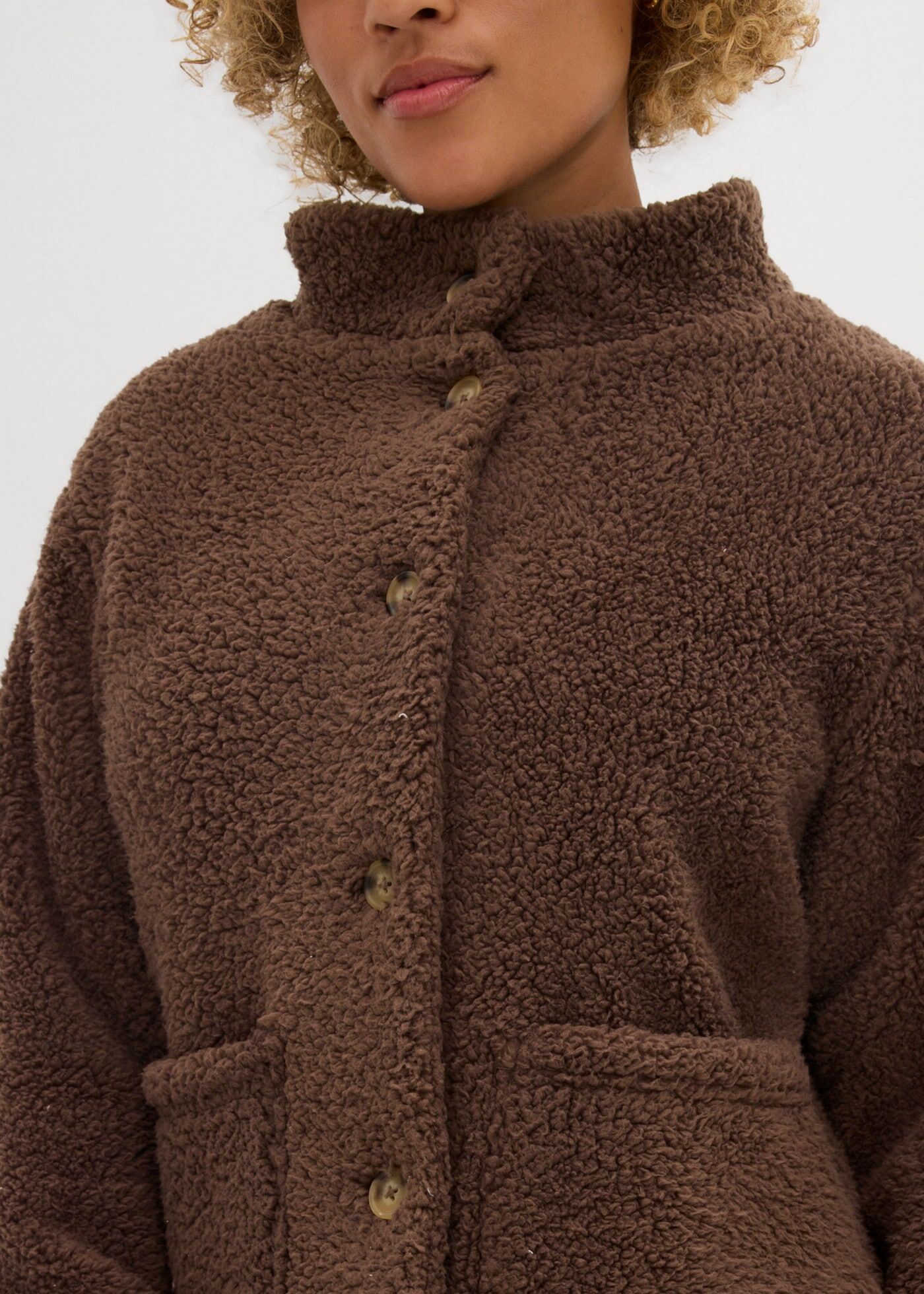 Fleecejacke BONPRIX, Damen, Gr. 36/38 (S), braun (lehmbraun), Obermaterial: 100% Polyester, oversize, Jacken Fleecejacke, in Teddy-Optik, Oversize-Passform, aus Polyester, im Casual-Stil lehmbraun 36/38 (S)