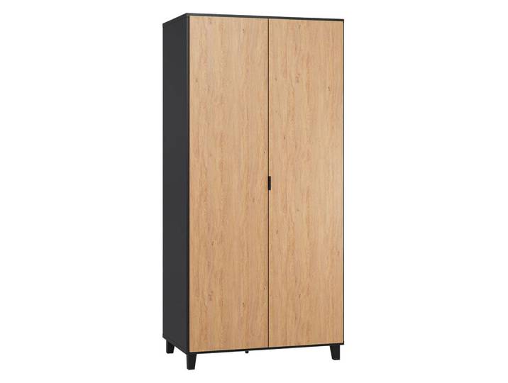 Drehtürenschrank, Schwarz & Eiche, 195x93x57 cm, Holzwerkstoff, Soft Close & LED Beleuchtung, Modern