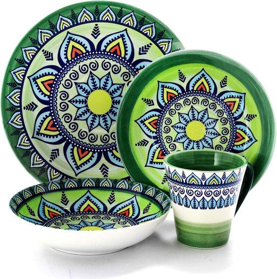 Famanu Steingutset für 4 Personen - Runde Teller mit Mandala-Motiv - Grün-Mosaik