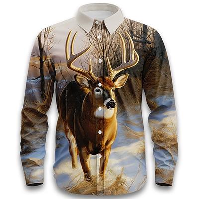 Herren Rentier Natur Landschaft Wald Hemd Knopfhemd Langarm Vintage-Retro Outdoor Campen und Wandern Jagd Frühling Herbst Umlegekragen 3D-Druck Leinenähnliches Hemd Beige