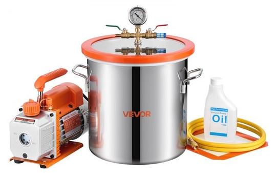 Vakuum-Entgasungspumpe - 180 W, 3,5 CFM - 11,4 Liter. Vakuumkammer aus Gusseisen und Aluminium. Geeignet für die Stabilisierung von Holz und die Verarbeitung von Silikonharzen